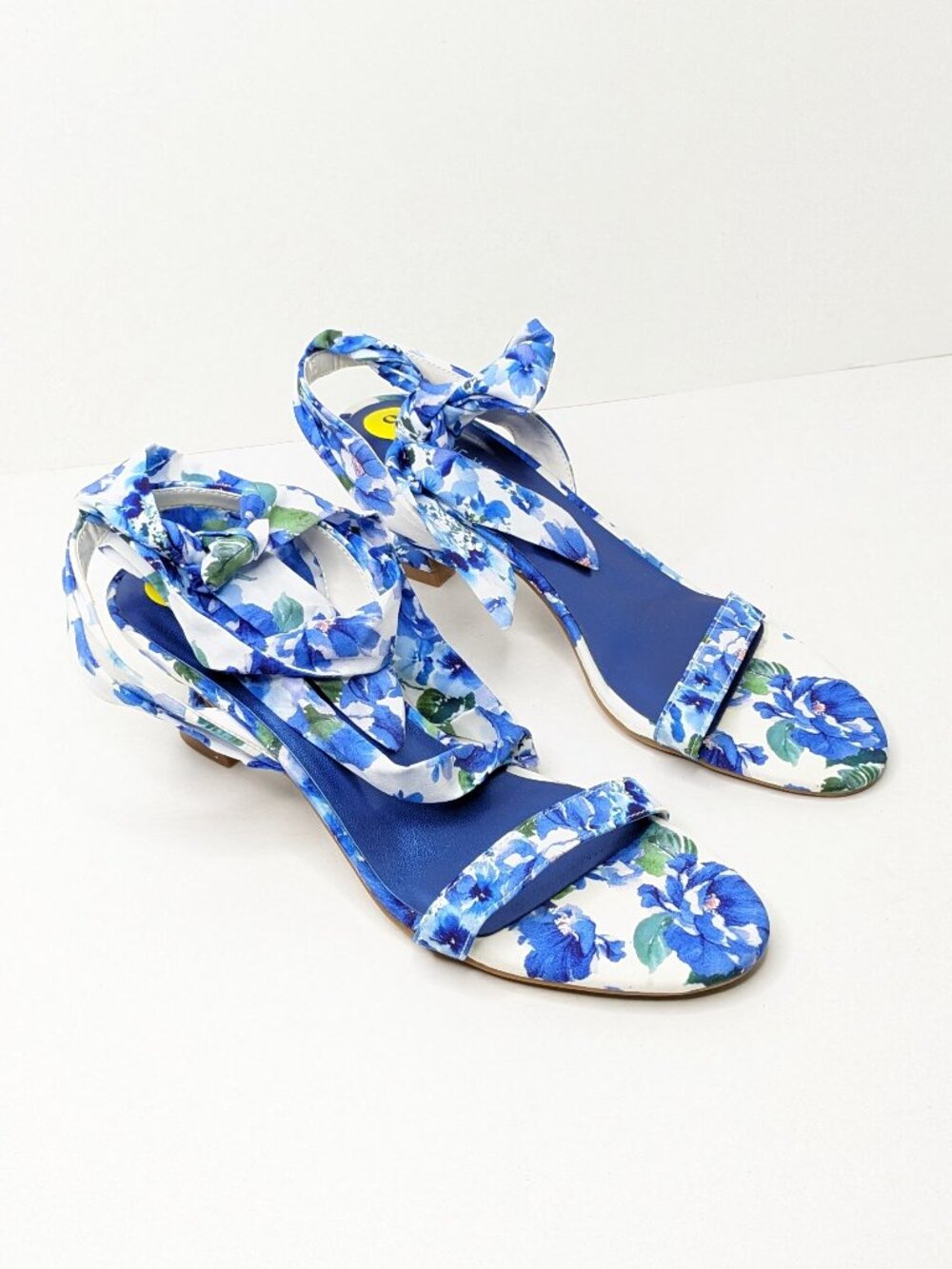 Nine West Lopez Heeled Strappy Tie Sandals Blue Floral Womens 9